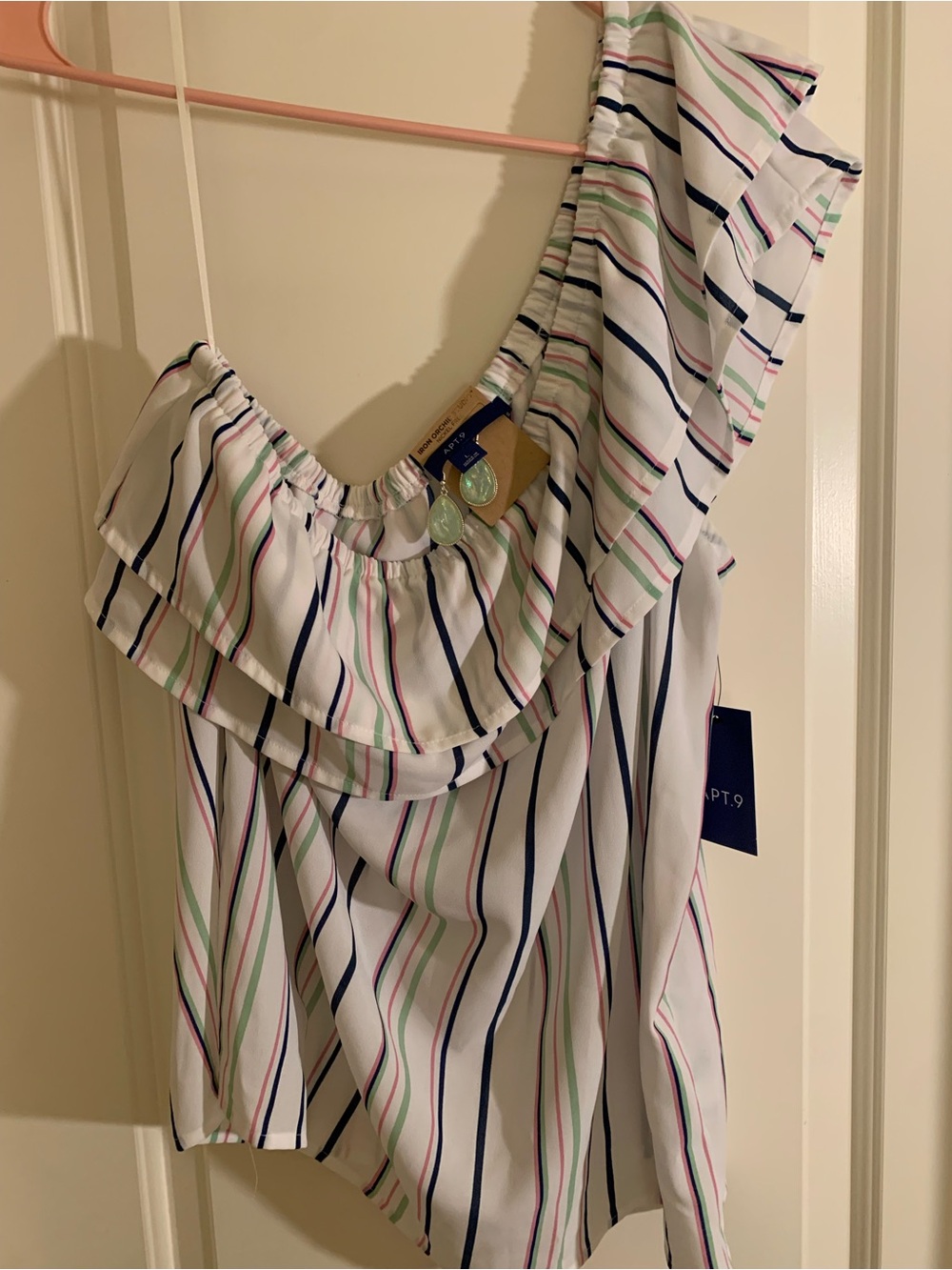 APT. 9 One-Shoulder Ruffle Top - White w/Navy, Pink & Mint Stripes +BONUS!!